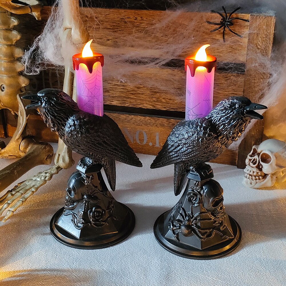 Halloween Crow Candle Light LED Resin Candlestick Lamp Horror Halloween Party Props Raven Candle Light Gothic Decoration acacuss