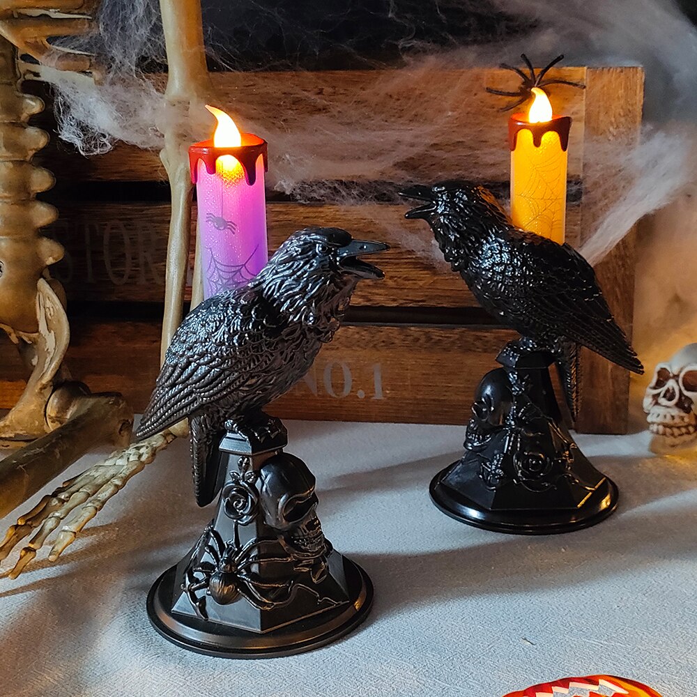 Halloween Crow Candle Light LED Resin Candlestick Lamp Horror Halloween Party Props Raven Candle Light Gothic Decoration acacuss