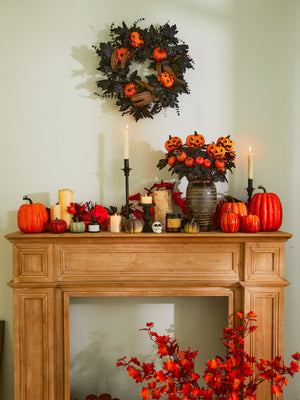Halloween Fake Smiling Face Pumpkin Silk Maple Leaves Bouquet for Party Thanksgiving Day Home Fireplace Table Autumn Fall Decor acacuss