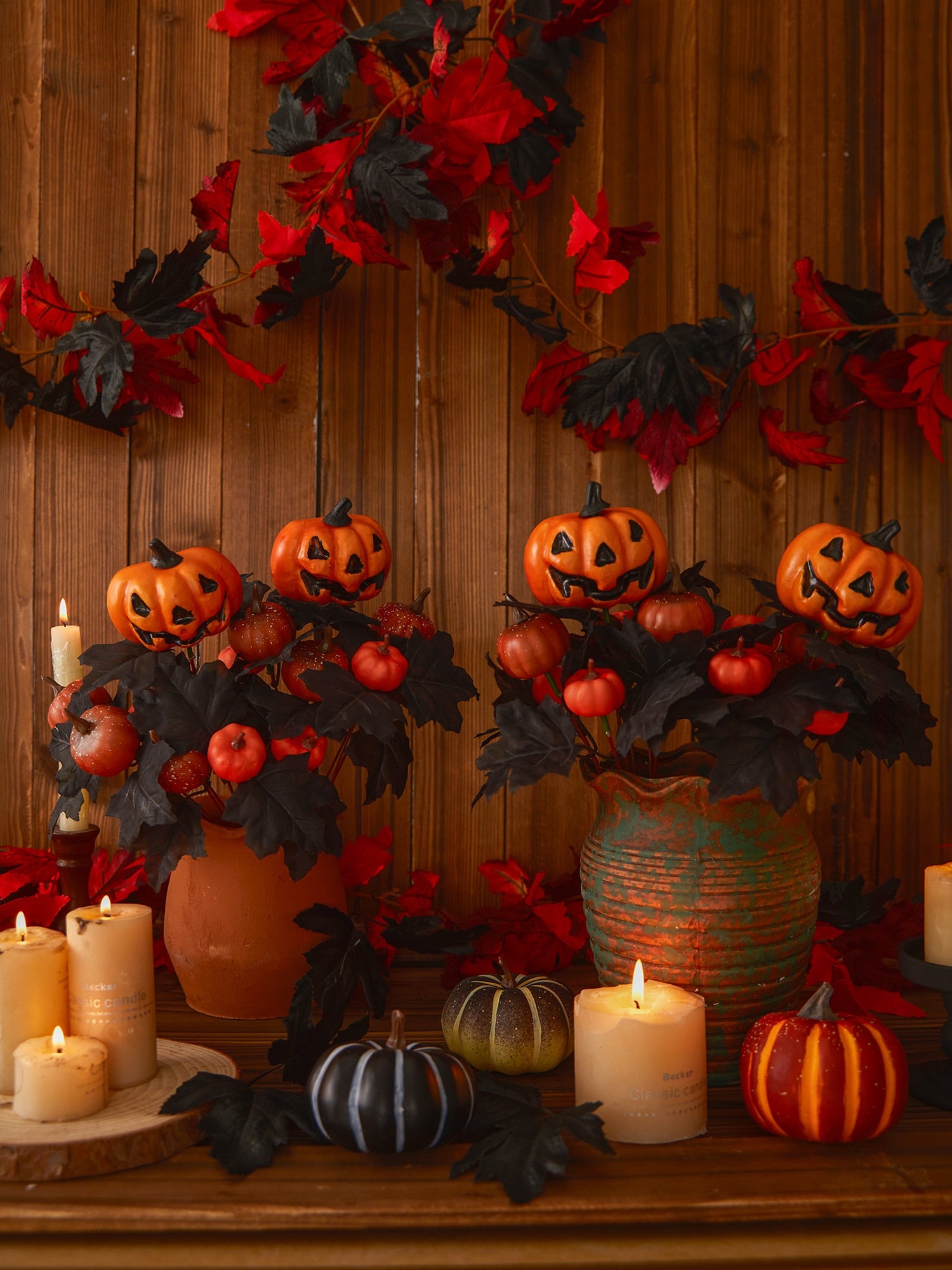 Halloween Fake Smiling Face Pumpkin Silk Maple Leaves Bouquet for Party Thanksgiving Day Home Fireplace Table Autumn Fall Decor acacuss