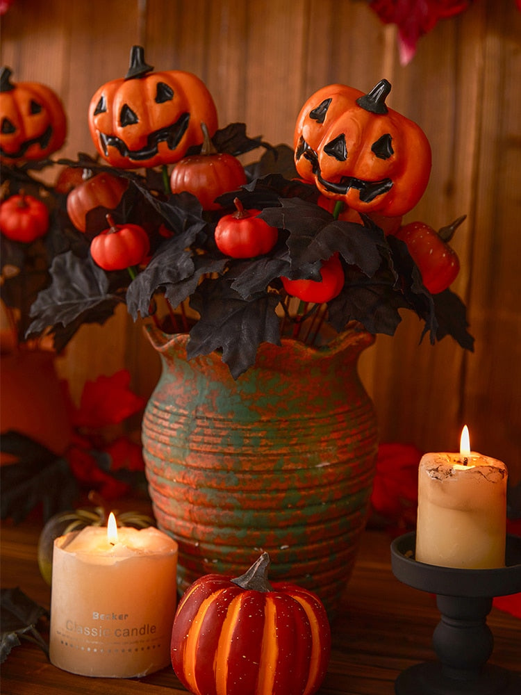 Halloween Fake Smiling Face Pumpkin Silk Maple Leaves