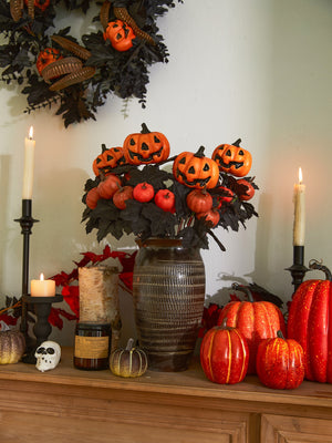 Halloween Fake Smiling Face Pumpkin Silk Maple Leaves Bouquet for Party Thanksgiving Day Home Fireplace Table Autumn Fall Decor acacuss