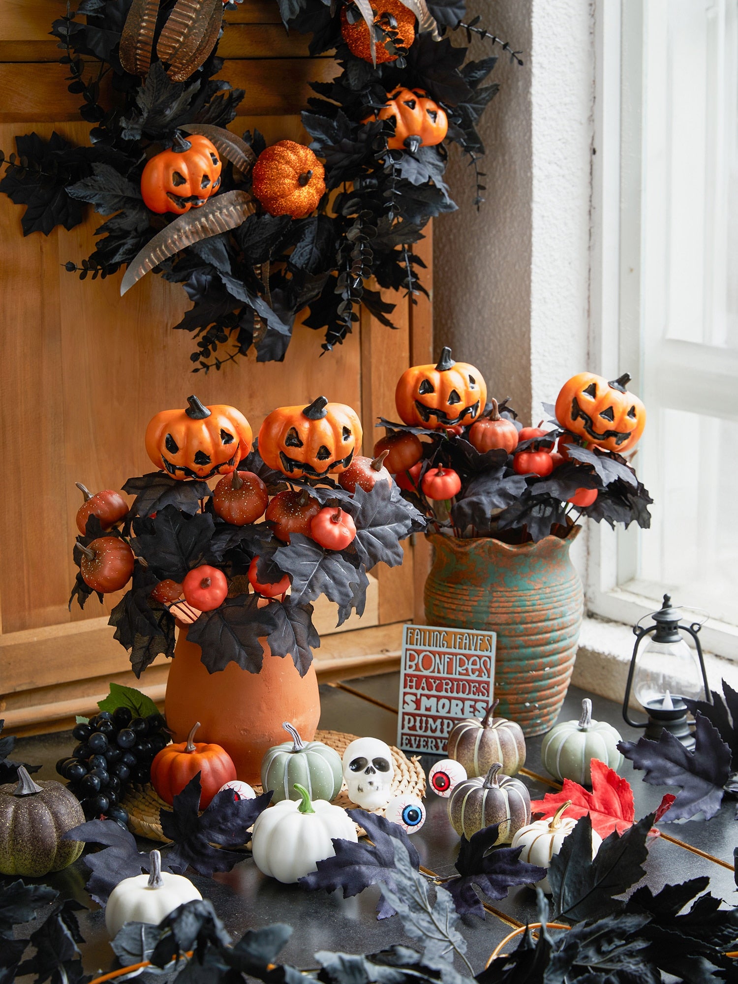 Halloween Fake Smiling Face Pumpkin Silk Maple Leaves Bouquet for Party Thanksgiving Day Home Fireplace Table Autumn Fall Decor acacuss