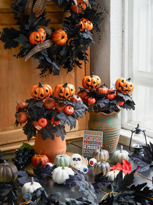 Halloween Fake Smiling Face Pumpkin Silk Maple Leaves Bouquet for Party Thanksgiving Day Home Fireplace Table Autumn Fall Decor acacuss