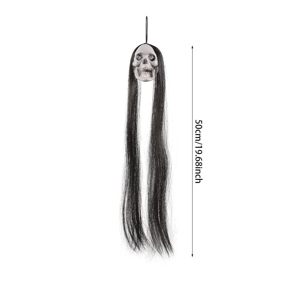 Halloween Hanging Ghost Skeleton Head with Long Hair Red Blinking Eyes Horror Haunted House Props Home Outdoor Party Decorations acacuss