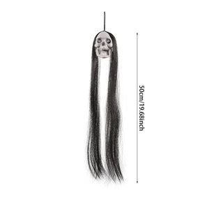 Halloween Hanging Ghost Skeleton Head with Long Hair Red Blinking Eyes Horror Haunted House Props Home Outdoor Party Decorations acacuss