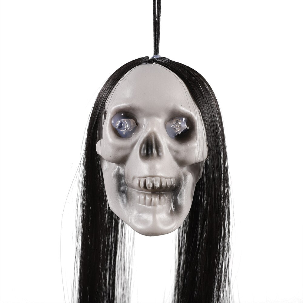 Halloween Hanging Ghost Skeleton Head with Long Hair Red Blinking Eyes Horror Haunted House Props Home Outdoor Party Decorations acacuss