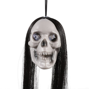 Halloween Hanging Ghost Skeleton Head with Long Hair Red Blinking Eyes Horror Haunted House Props Home Outdoor Party Decorations acacuss