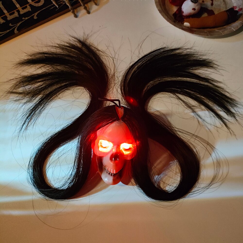 Halloween Hanging Ghost Skeleton Head with Long Hair Red Blinking Eyes Horror Haunted House Props Home Outdoor Party Decorations acacuss