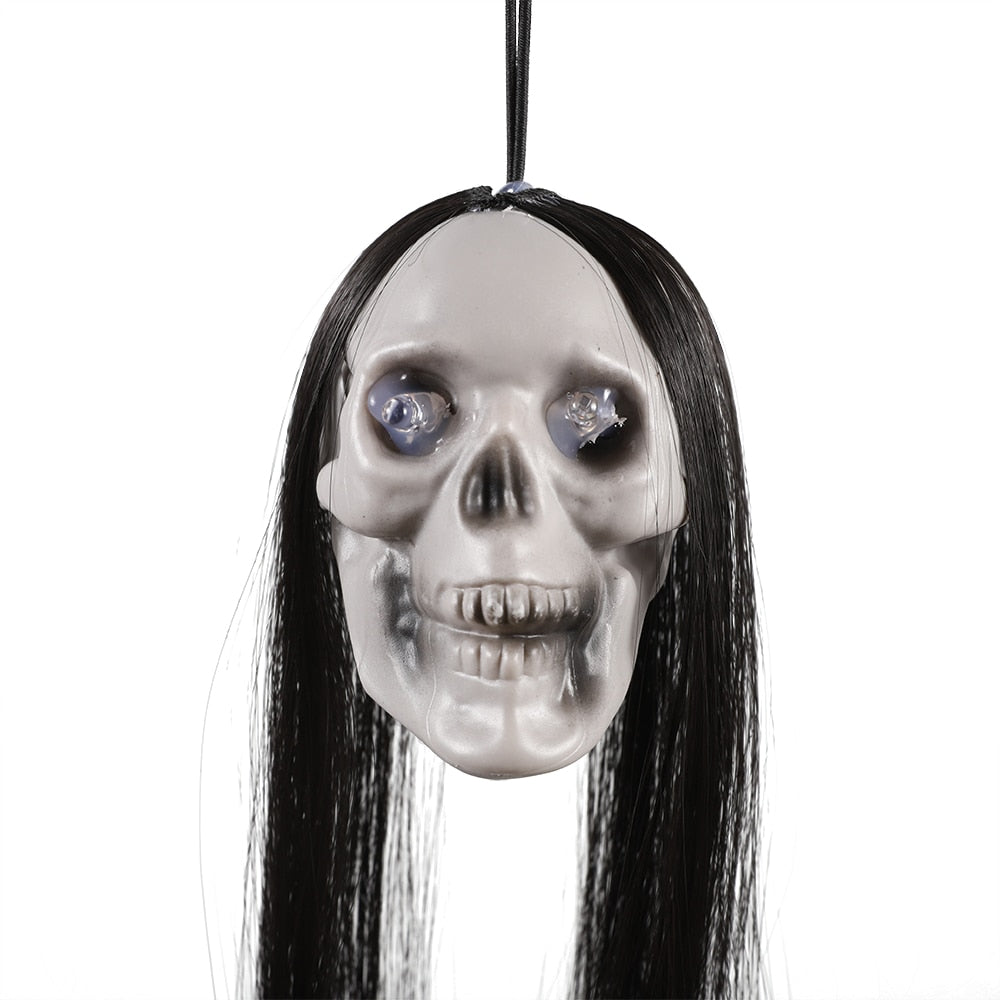 Halloween Hanging Ghost Skull with Long Hair Glowing Eyes Terror Skull Ghost House Head Skeleton Props 2023 Halloween Decoration acacuss