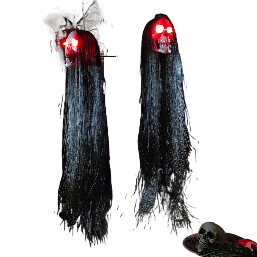 Halloween Hanging Ghost Skull with Long Hair Glowing Eyes Terror Skull Ghost House Head Skeleton Props 2023 Halloween Decoration acacuss