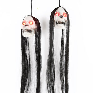 Halloween Hanging Skull Ghost With Long Hair Horror LED Skeleton Light For Halloween Party Haunted House Decor Pendant Bone Prop acacuss