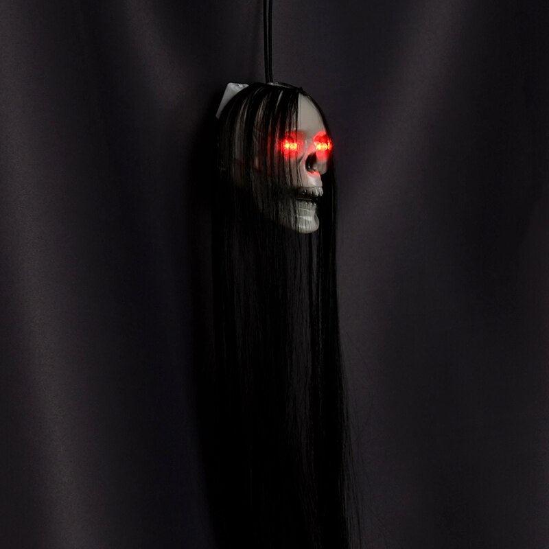 Halloween Hanging Skull Ghost With Long Hair Horror LED Skeleton Light For Halloween Party Haunted House Decor Pendant Bone Prop acacuss