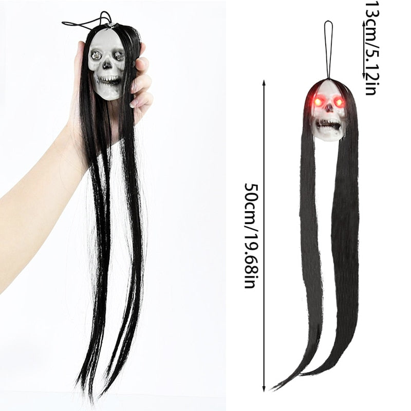 Halloween Hanging Skull Ghost With Long Hair Horror LED Skeleton Light For Halloween Party Haunted House Decor Pendant Bone Prop acacuss
