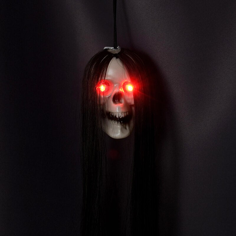 Halloween Hanging Skull Ghost With Long Hair Horror LED Skeleton Light For Halloween Party Haunted House Decor Pendant Bone Prop acacuss
