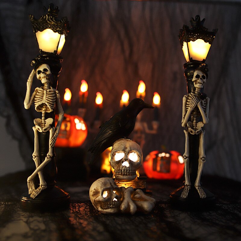 Halloween Resin Glow Skeleton Crow Street Lamp for Home Table Haunted House Bar Horror Props Halloween Party Decoration Supplies acacuss