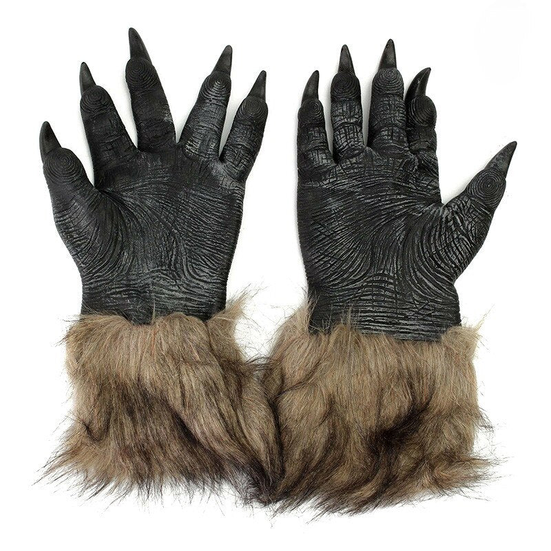 Halloween Terror Decor Latex Rubber Wolf Head Hair Mask Werewolf Gloves Costume Party Scary Decor acacuss