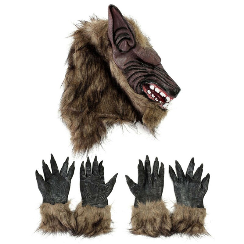 Halloween Terror Decor Latex Rubber Wolf Head Hair Mask Werewolf Gloves Costume Party Scary Decor acacuss