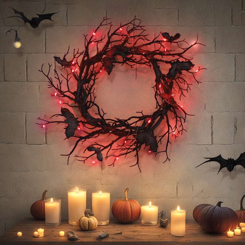 Halloween Wreath Bat Black Branch Wreaths With Red LED Light 45CM Wreaths For Doors Window Flower Garland Halloween Decoration acacuss