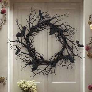 Halloween Wreath Bat Black Branch Wreaths With Red LED Light 45CM Wreaths For Doors Window Flower Garland Halloween Decoration acacuss
