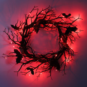 Halloween Wreath Bat Black Branch Wreaths With Red LED Light 45CM Wreaths For Doors Window Flower Garland Halloween Decoration acacuss