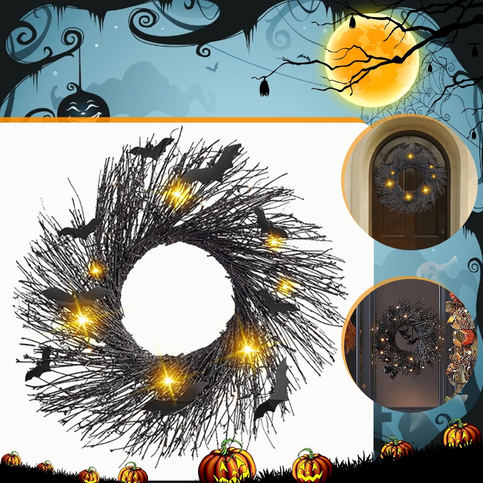 Halloween Wreath For Front Door Illuminated Christmas Garland Black Bat Rattan Wreath Halloween Decorations For Home Party Props acacuss