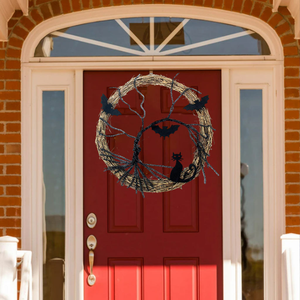 Halloween Wreath Light up Accessorie Ornaments Black Bat Cat Spooky Party Wreath with Light Glowing Garland for Front Door Wall acacuss