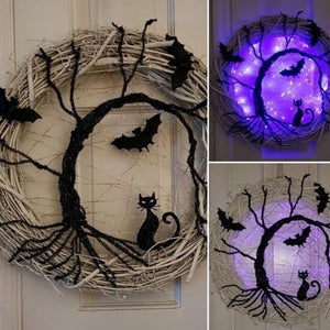 Halloween Wreath Light up Accessorie Ornaments Black Bat Cat Spooky Party Wreath with Light Glowing Garland for Front Door Wall acacuss