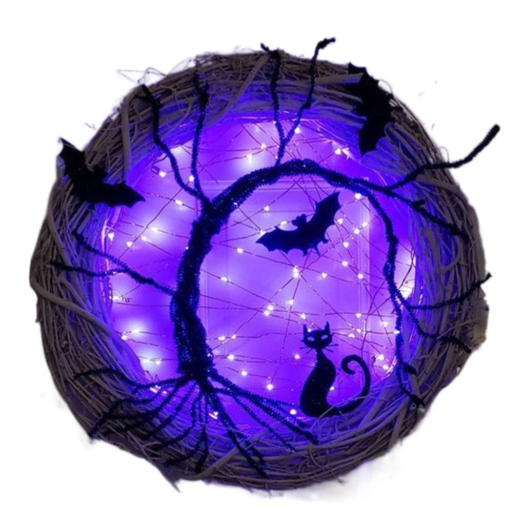 Halloween Wreath Light up Accessorie Ornaments Black Bat Cat Spooky Party Wreath with Light Glowing Garland for Front Door Wall acacuss