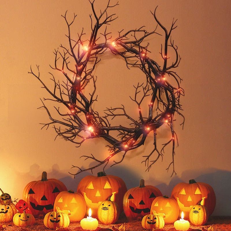 Halloween Wreath Simulation Black Branch Wreaths With Red LED Light 42CM Wreaths For Doors Flower Garland Halloween Decoration acacuss