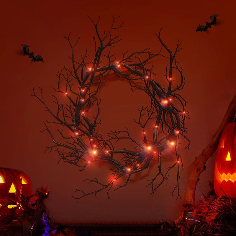 Halloween Wreath Simulation Black Branch Wreaths With Red LED Light 42CM Wreaths For Doors Flower Garland Halloween Decoration acacuss