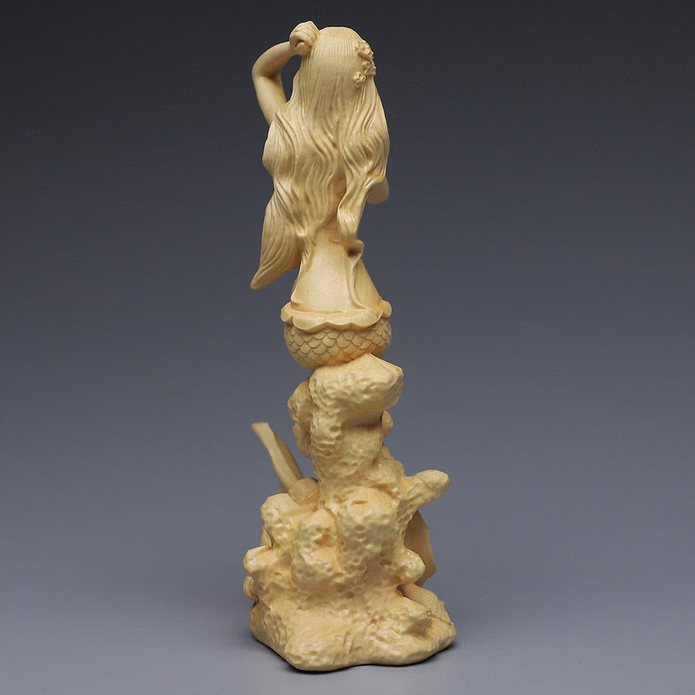 Hand carved wooden mermaid statue，Modern art sculpture, Cute home decoration accessories,Solid wood figurines acacuss