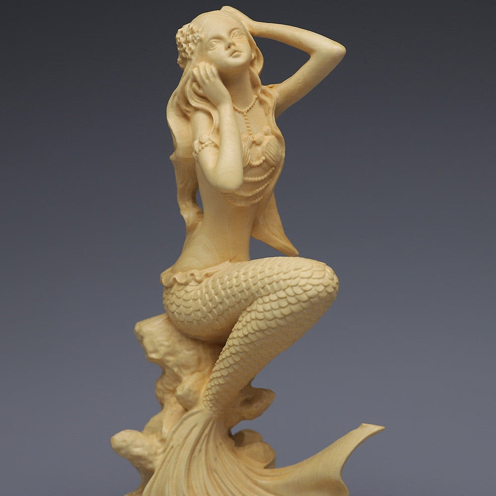 Hand carved wooden mermaid statue，Modern art sculpture, Cute home decoration accessories,Solid wood figurines acacuss