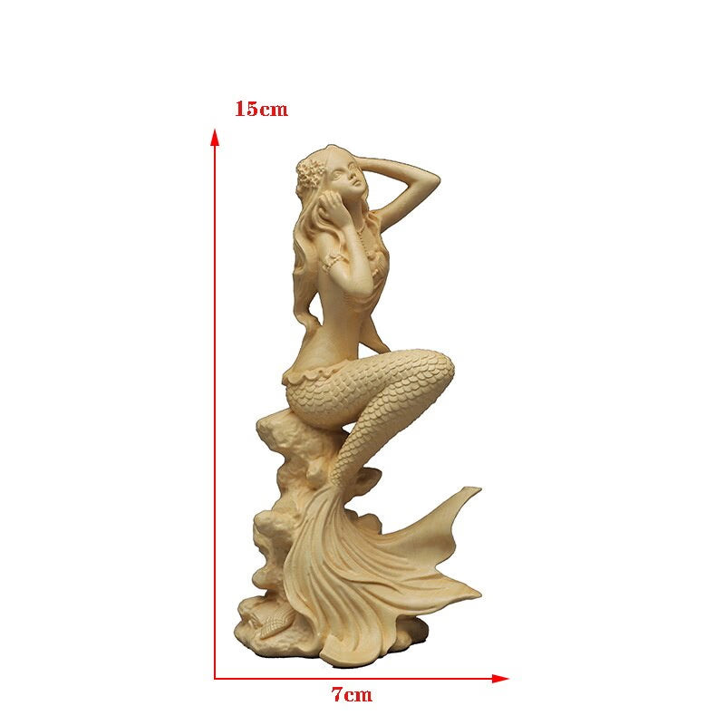 Hand carved wooden mermaid statue，Modern art sculpture, Cute home decoration accessories,Solid wood figurines acacuss