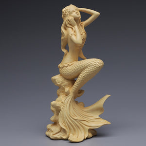 Hand carved wooden mermaid statue，Modern art sculpture, Cute home decoration accessories,Solid wood figurines acacuss