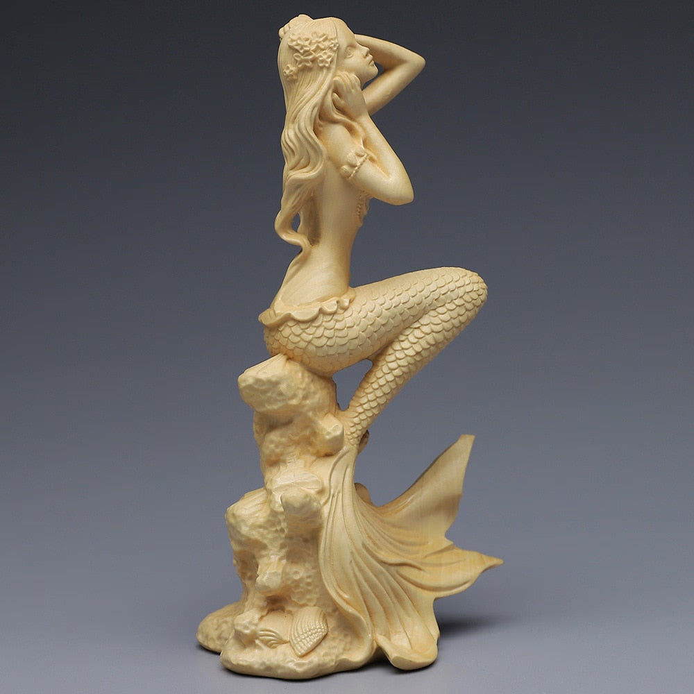 Hand carved wooden mermaid statue，Modern art sculpture, Cute home decoration accessories,Solid wood figurines acacuss