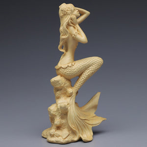 Hand carved wooden mermaid statue，Modern art sculpture, Cute home decoration accessories,Solid wood figurines acacuss