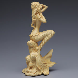 Hand carved wooden mermaid statue，Modern art sculpture, Cute home decoration accessories,Solid wood figurines acacuss