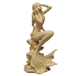 Hand carved wooden mermaid statue，Modern art sculpture, Cute home decoration accessories,Solid wood figurines acacuss
