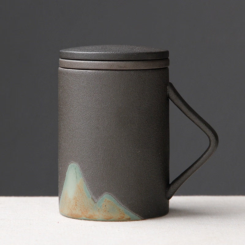 Hand-painted Mug Wooden Handle  Tea Cup With Lid Filter 480ml - acacuss