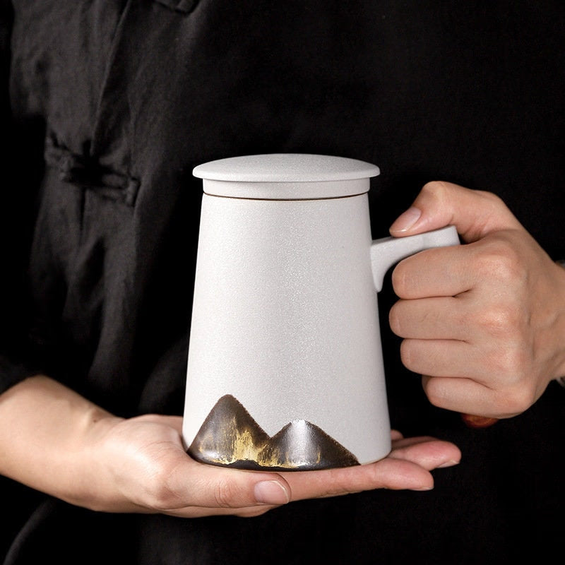 Hand-painted Mug Wooden Handle  Tea Cup With Lid Filter 480ml - acacuss