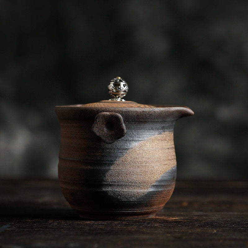 Handmade Retro Teapot With Wood-Fired Lidding Bowl, Ceramic Kung Fu Pu'Er Single Pot Tea Maker - acacuss