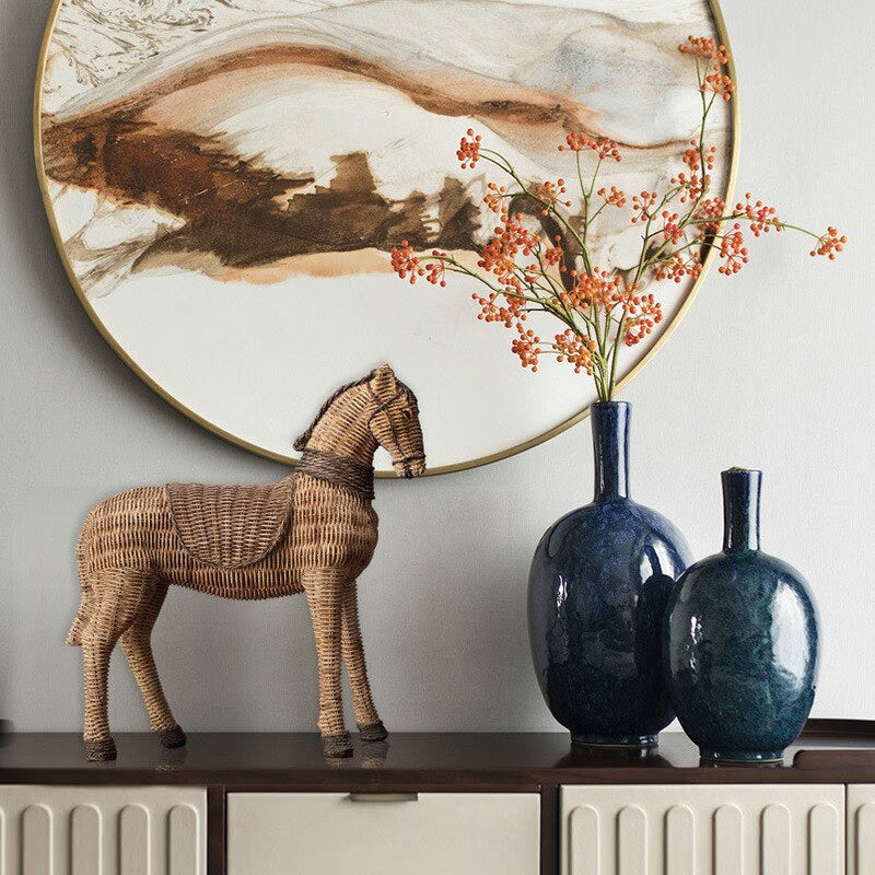 Horse Resin Statue Rattan Weaving Pattern Simulation Animal Modern Art Decoration Study Tv Cabinet Wine Cabinet Sculpture Craft acacuss