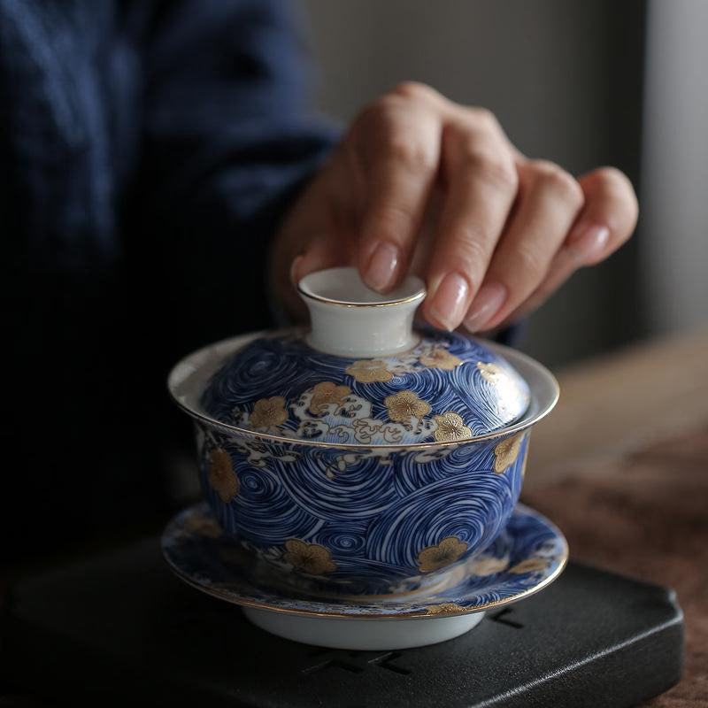 Hot Hand Painted Blue and White Porcelain Gaiwan Tea Cup Chinese Kung Fu Tea Set Teaware Tea Accessories Home Office Table Decor acacuss
