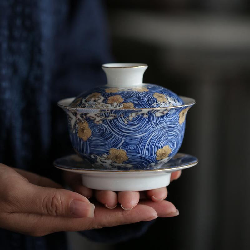 Hot Hand Painted Blue and White Porcelain Gaiwan Tea Cup Chinese Kung Fu Tea Set Teaware Tea Accessories Home Office Table Decor acacuss