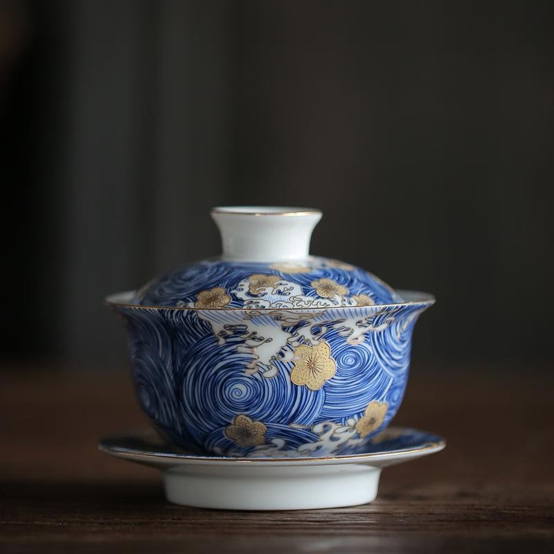 Hot Hand Painted Blue and White Porcelain Gaiwan Tea Cup Chinese Kung Fu Tea Set Teaware Tea Accessories Home Office Table Decor acacuss