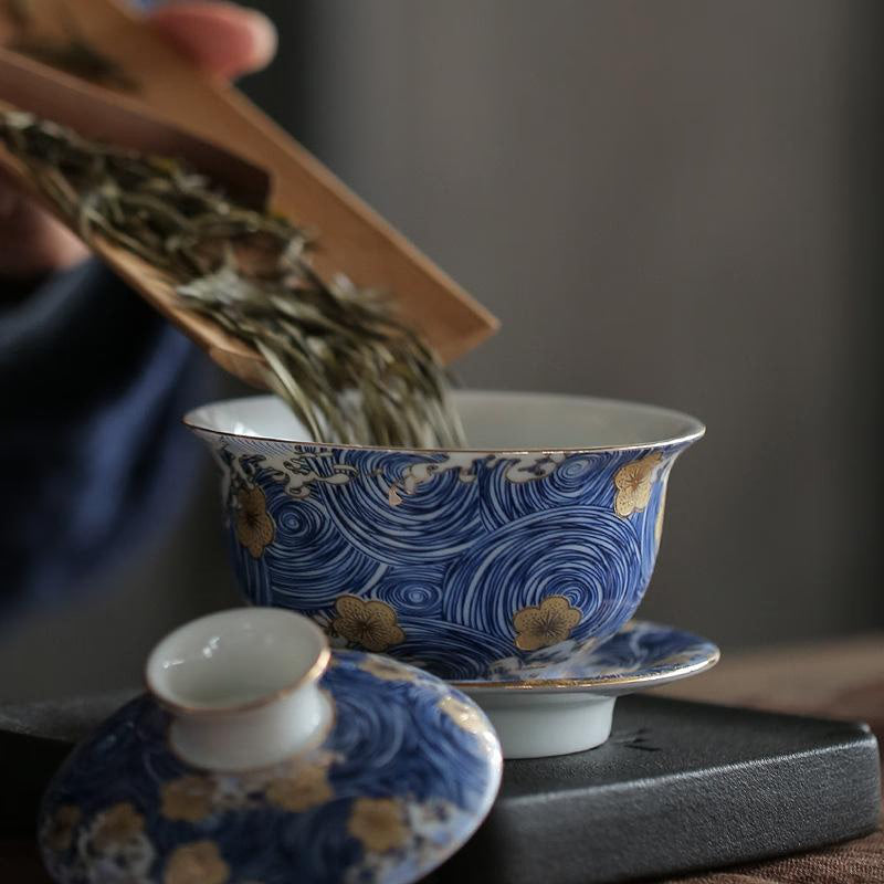 Hot Hand Painted Blue and White Porcelain Gaiwan Tea Cup Chinese Kung Fu Tea Set Teaware Tea Accessories Home Office Table Decor acacuss