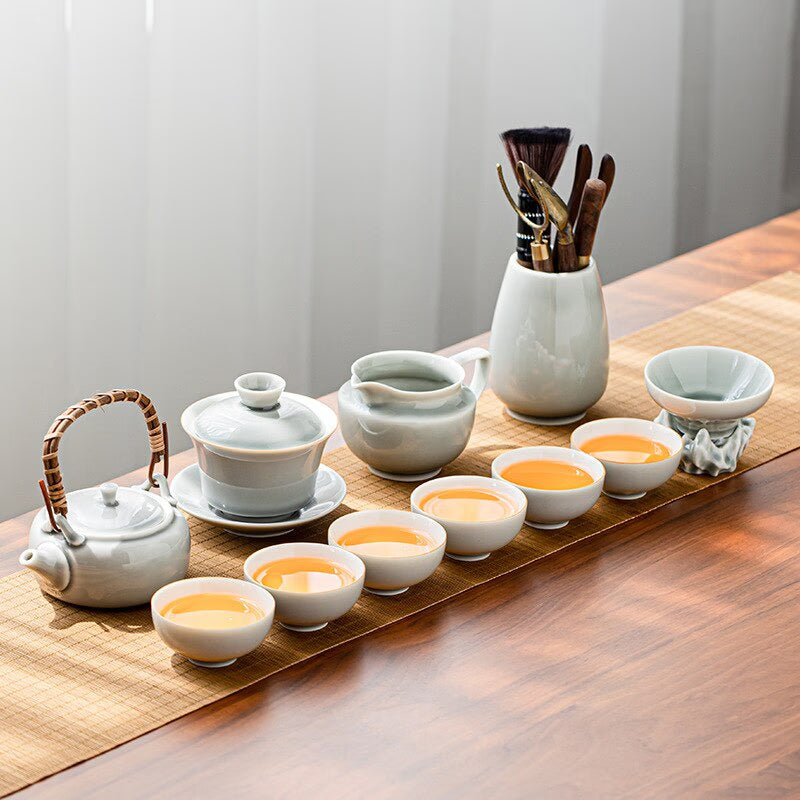 Ice Grey Glaze Kung Fu Tea Set Home Office Ceramic Teapot Handle Tea Cup Tea Tray Plant Grey Tea Pot and Cup Set Luxury Tea Set acacuss