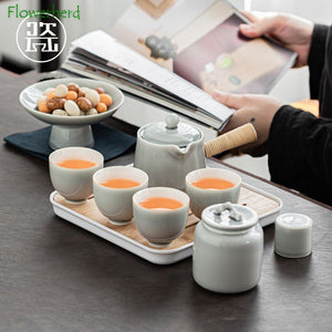 Ice Grey Glaze Kung Fu Tea Set Home Office Ceramic Teapot Handle Tea Cup Tea Tray Plant Grey Tea Pot and Cup Set Luxury Tea Set acacuss