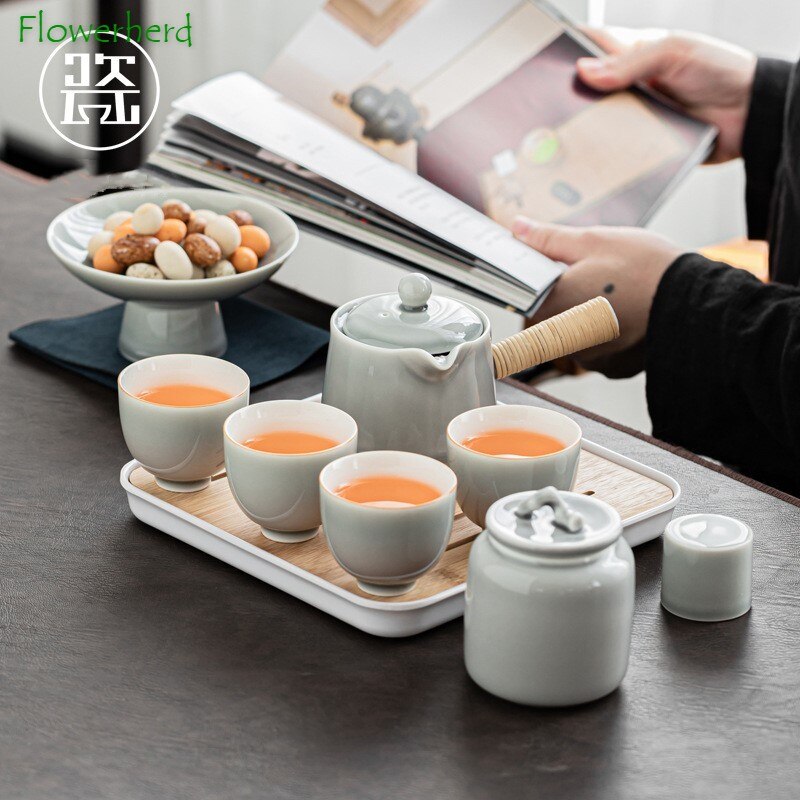 Ice Grey Glaze Kung Fu Tea Set Home Office Ceramic Teapot Handle Tea Cup Tea Tray Plant Grey Tea Pot and Cup Set Luxury Tea Set acacuss